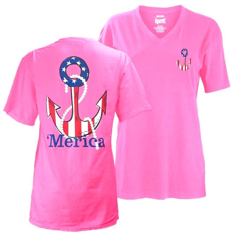 Royce Brand 4th of July Pink Anchor ‘Merica Stars & Stripes V-Neck Tee Size S